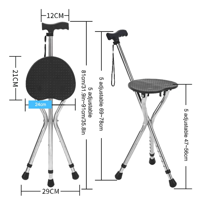 Telescopic Folding Crutch Chair – Three-Legged Walking Stick & Cane Stool for Elderly Stability
