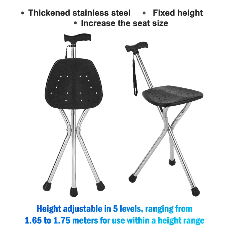 Telescopic Folding Crutch Chair – Three-Legged Walking Stick & Cane Stool for Elderly Stability