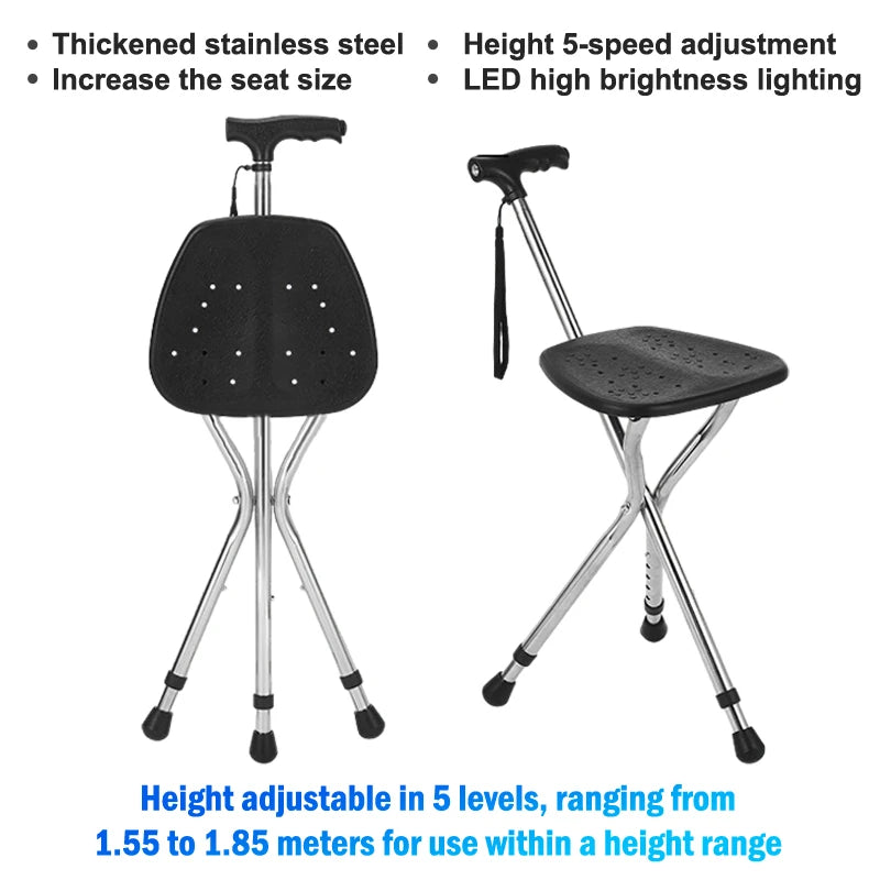 Telescopic Folding Crutch Chair – Three-Legged Walking Stick & Cane Stool for Elderly Stability