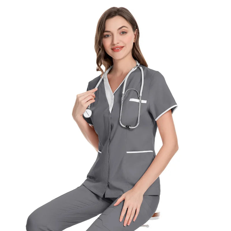 Cotton V-Neck Short Sleeve Surgical Gowns for Women – Clinic & Salon Uniforms