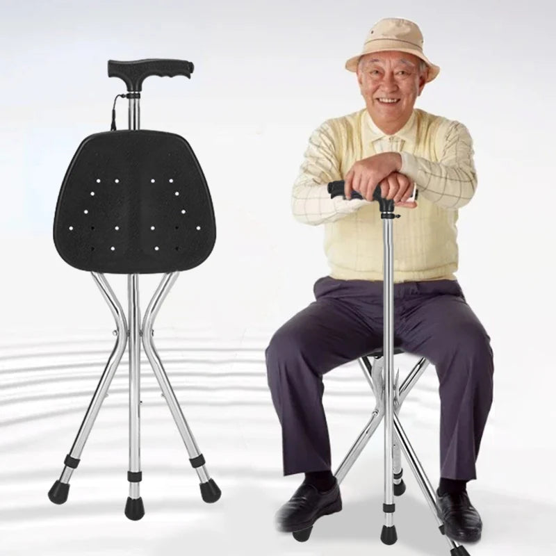 Telescopic Folding Crutch Chair – Three-Legged Walking Stick & Cane Stool for Elderly Stability