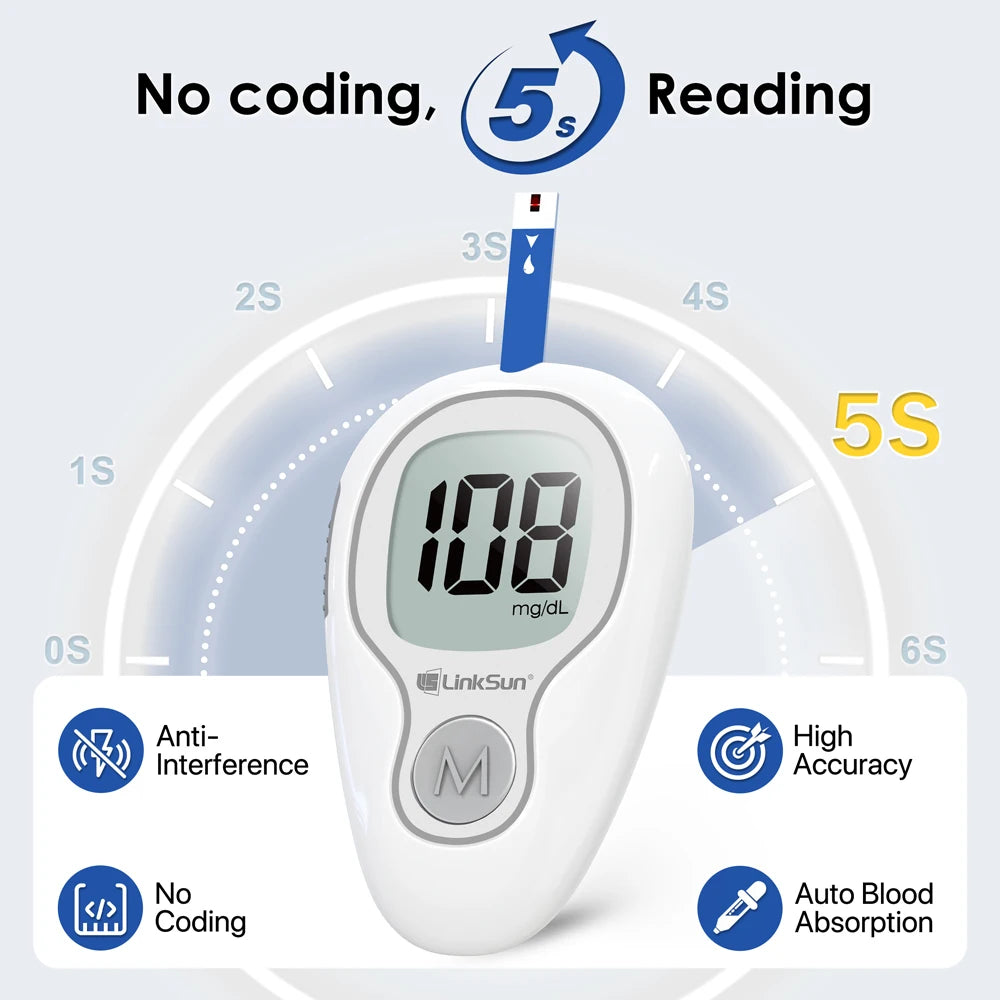 LinkSun G‑425‑3 Blood Glucose Meter Kit – No‑Coding, Large Display, Includes 10/50/100 Strips & Lancets
