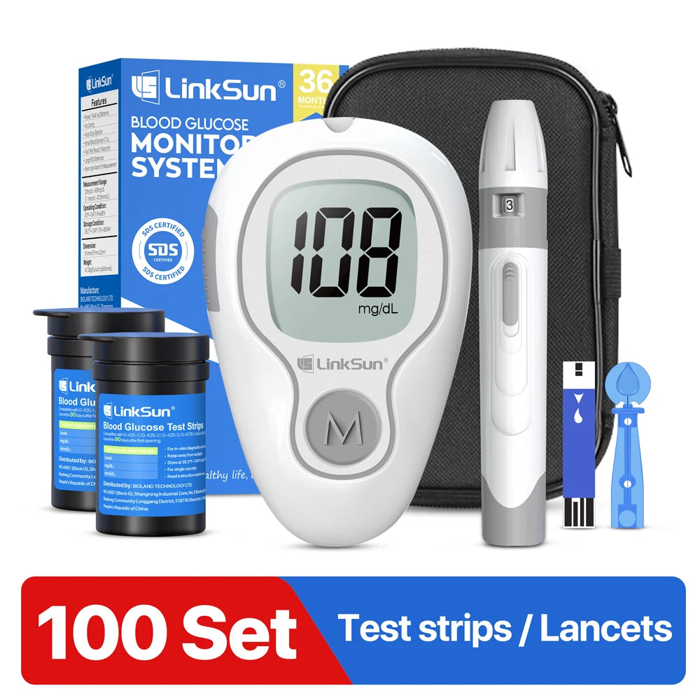 LinkSun G‑425‑3 Blood Glucose Meter Kit – No‑Coding, Large Display, Includes 10/50/100 Strips & Lancets