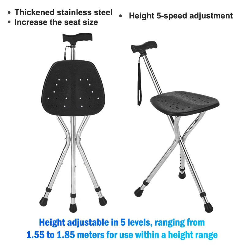 Telescopic Folding Crutch Chair – Three-Legged Walking Stick & Cane Stool for Elderly Stability