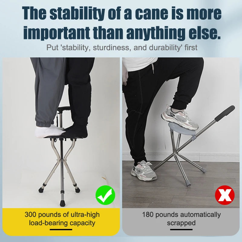 Telescopic Folding Crutch Chair – Three-Legged Walking Stick & Cane Stool for Elderly Stability