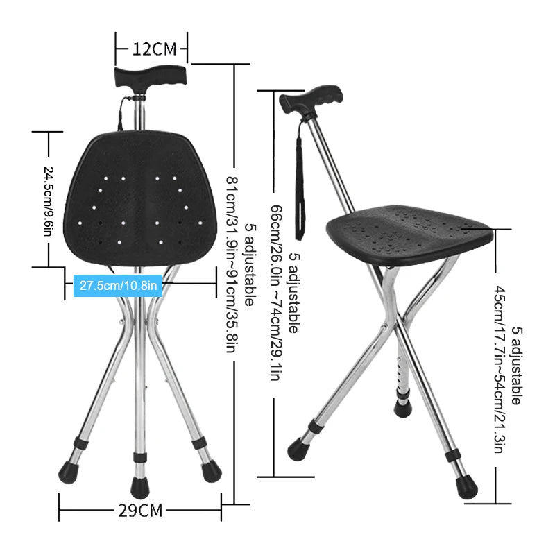 Telescopic Folding Crutch Chair – Three-Legged Walking Stick & Cane Stool for Elderly Stability
