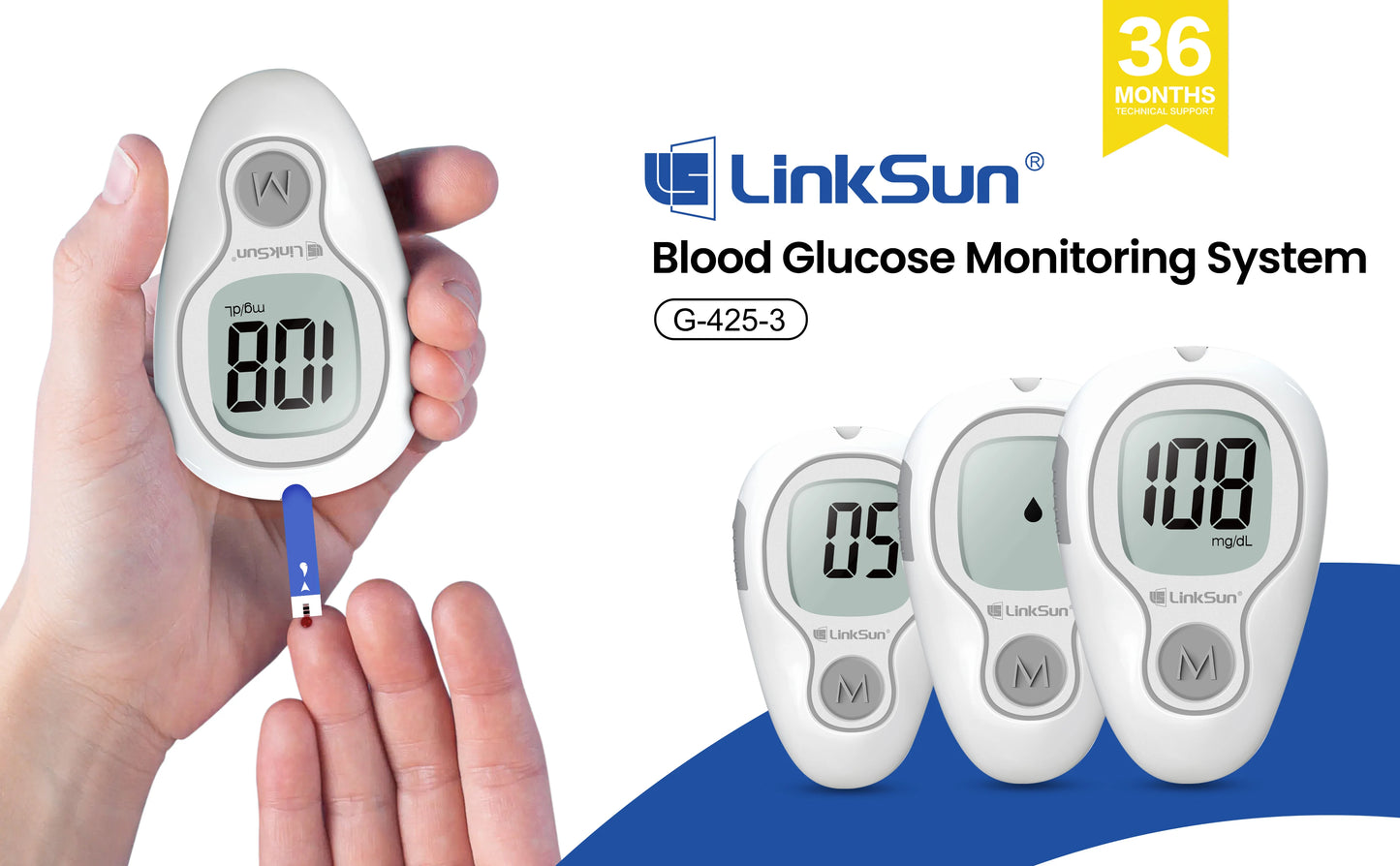 LinkSun G‑425‑3 Blood Glucose Meter Kit – No‑Coding, Large Display, Includes 10/50/100 Strips & Lancets