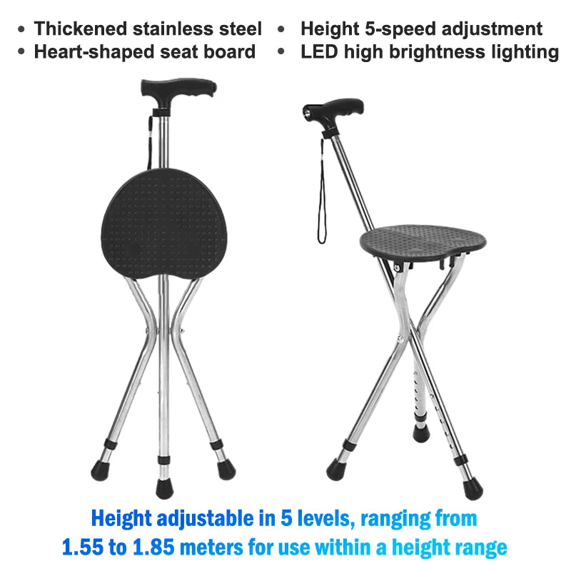 Telescopic Folding Crutch Chair – Three-Legged Walking Stick & Cane Stool for Elderly Stability
