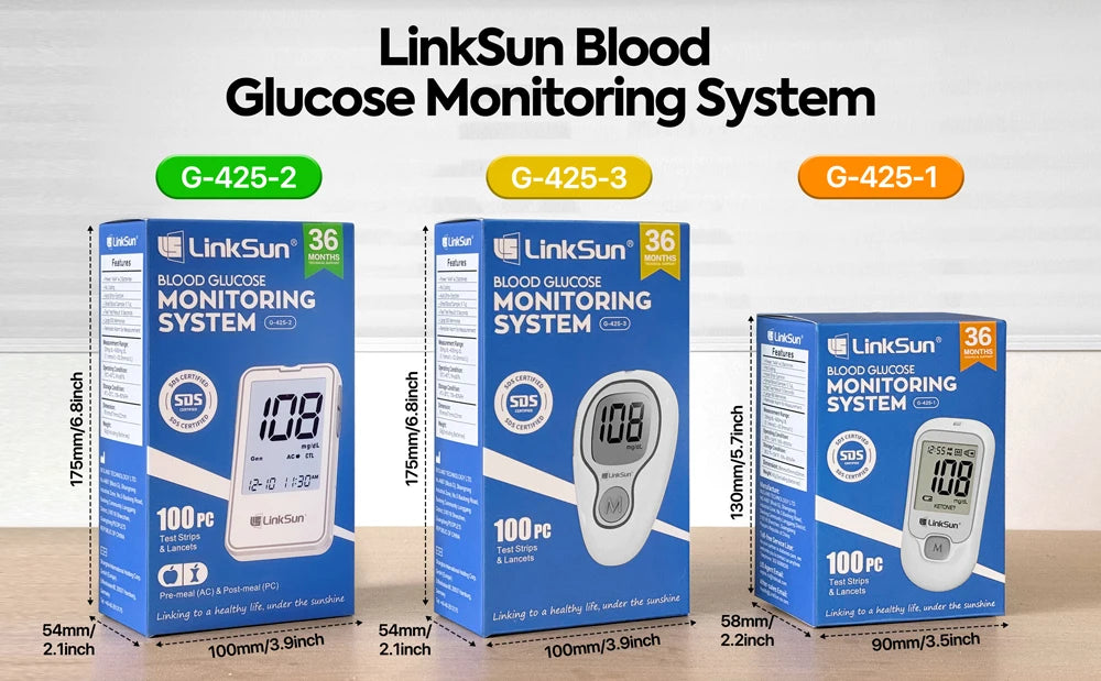 LinkSun G‑425‑3 Blood Glucose Meter Kit – No‑Coding, Large Display, Includes 10/50/100 Strips & Lancets