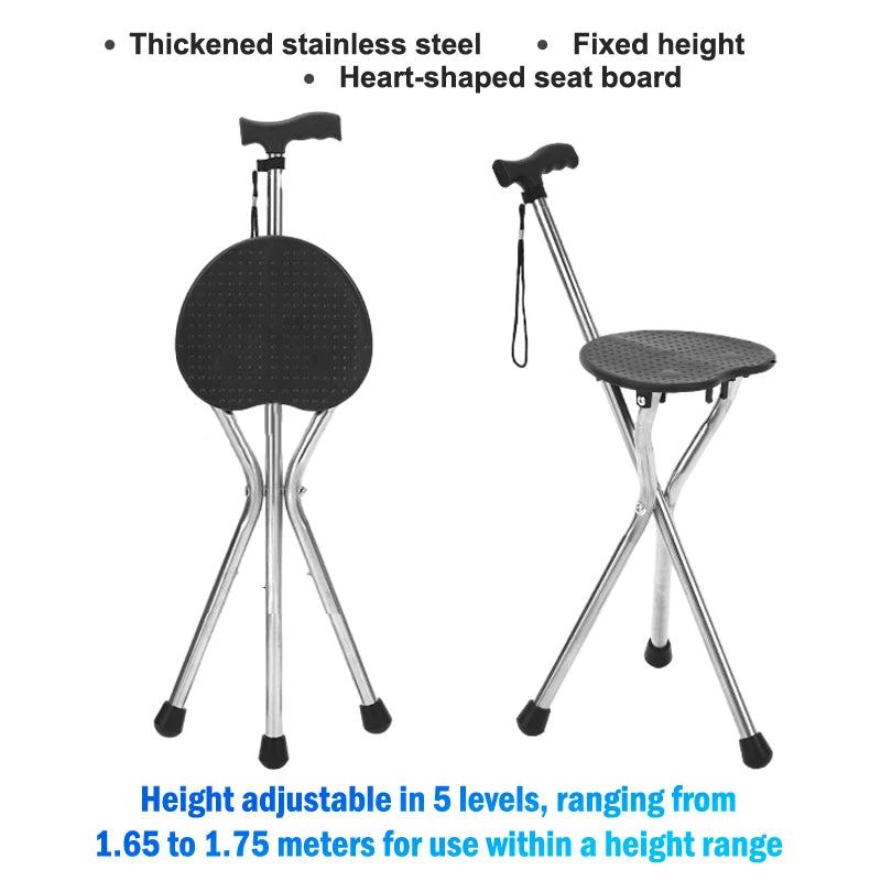Telescopic Folding Crutch Chair – Three-Legged Walking Stick & Cane Stool for Elderly Stability