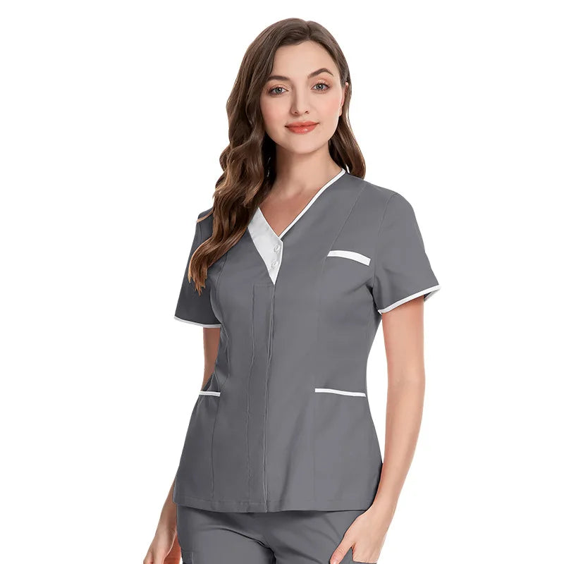 Cotton V-Neck Short Sleeve Surgical Gowns for Women – Clinic & Salon Uniforms