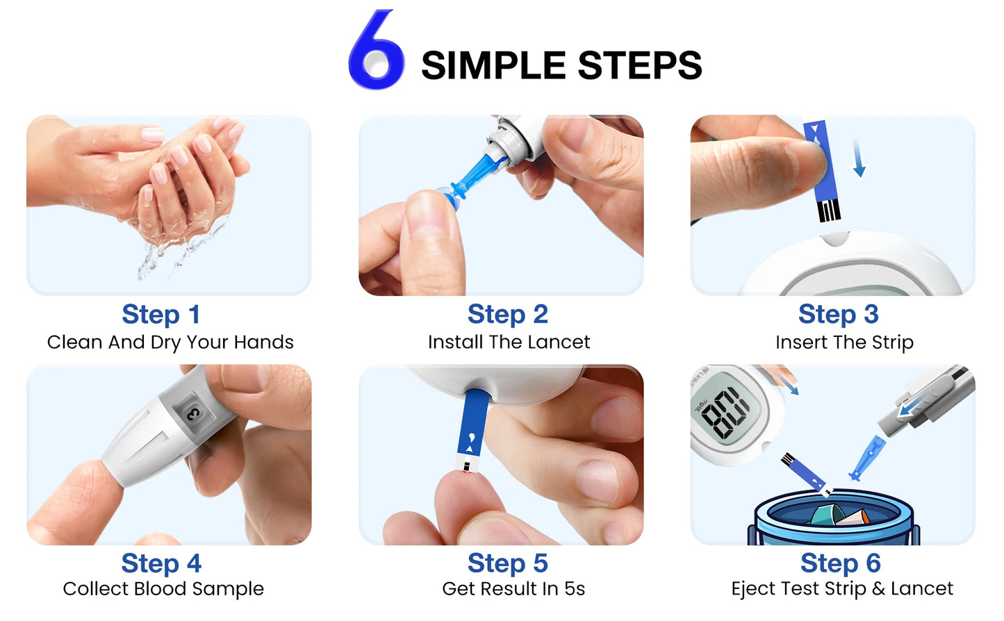 LinkSun G‑425‑3 Blood Glucose Meter Kit – No‑Coding, Large Display, Includes 10/50/100 Strips & Lancets