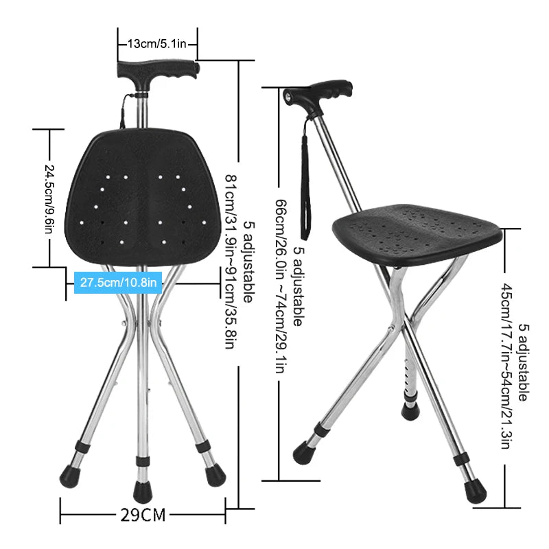 Telescopic Folding Crutch Chair – Three-Legged Walking Stick & Cane Stool for Elderly Stability