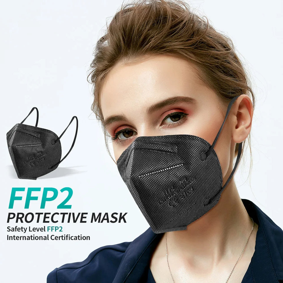 FFP2/KN95 Black Face Masks – 5-Layer CE Approved Respirator for Adults (10–200pcs)