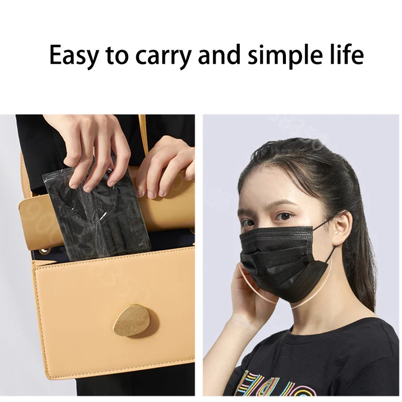 Disposable Black Face Masks – 3-Ply Anti-Dust Protective Masks for Adults (Individually Wrapped, 10–500pcs)