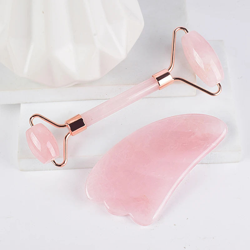 Rose Quartz Face Massage Roller & Gua Sha Tool – Natural Stone Skin Care Massager for Neck, Anti-Wrinkle & Slimming