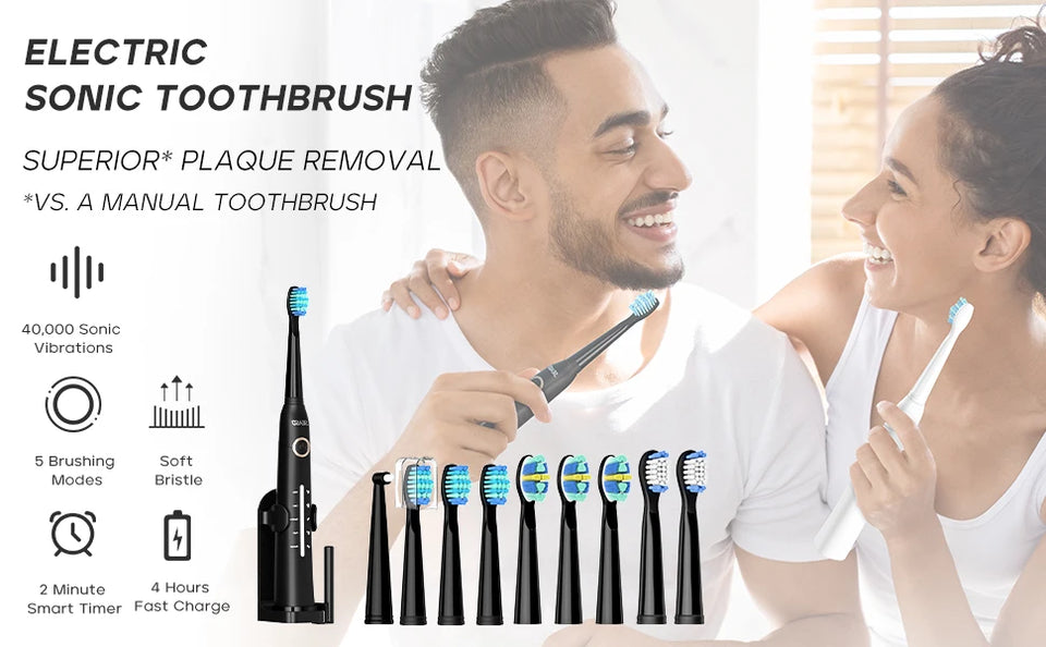Seago Sonic Electric Toothbrush – USB Rechargeable Ultrasonic Tooth Brush with 10 Replacement Heads