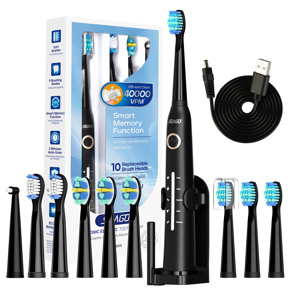 Seago Sonic Electric Toothbrush – USB Rechargeable Ultrasonic Tooth Brush with 10 Replacement Heads