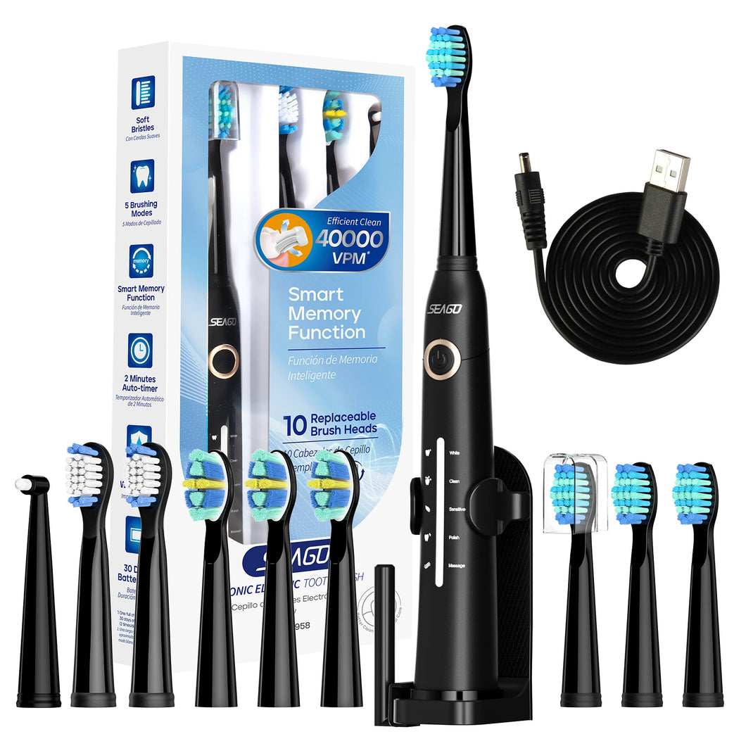 Seago Sonic Electric Toothbrush – USB Rechargeable Ultrasonic Tooth Brush with 10 Replacement Heads