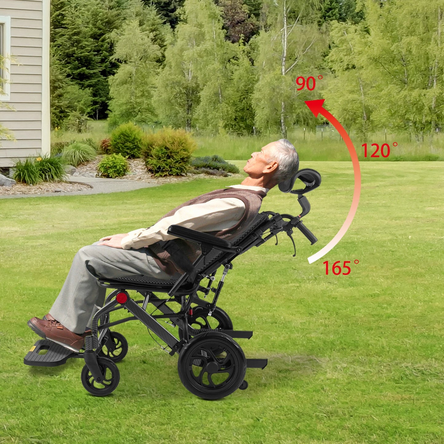 Super Lightweight Reclining Travel Wheelchair – Portable Folding Transport Chair with Adjustable Headrest for Seniors