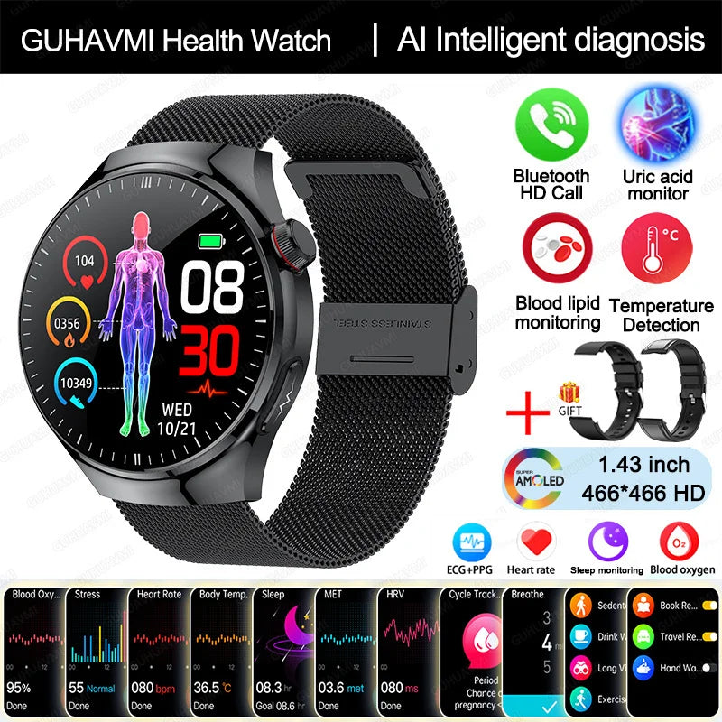 2025 Nursing-Grade Health Smartwatch – ECG+PPG, Blood Oxygen, Blood Lipid, Uric Acid, Body Temperature & Bluetooth Call