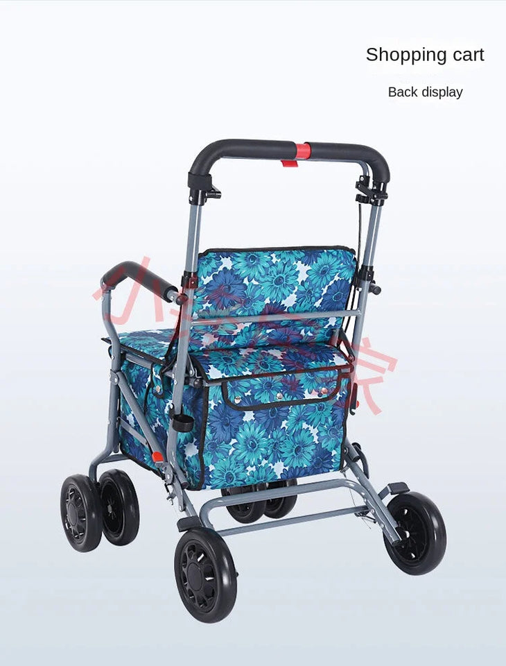 Foldable Four-Wheeled Elderly Shopping Cart Walker – Lightweight Mobility Aid with Walking Stick Support