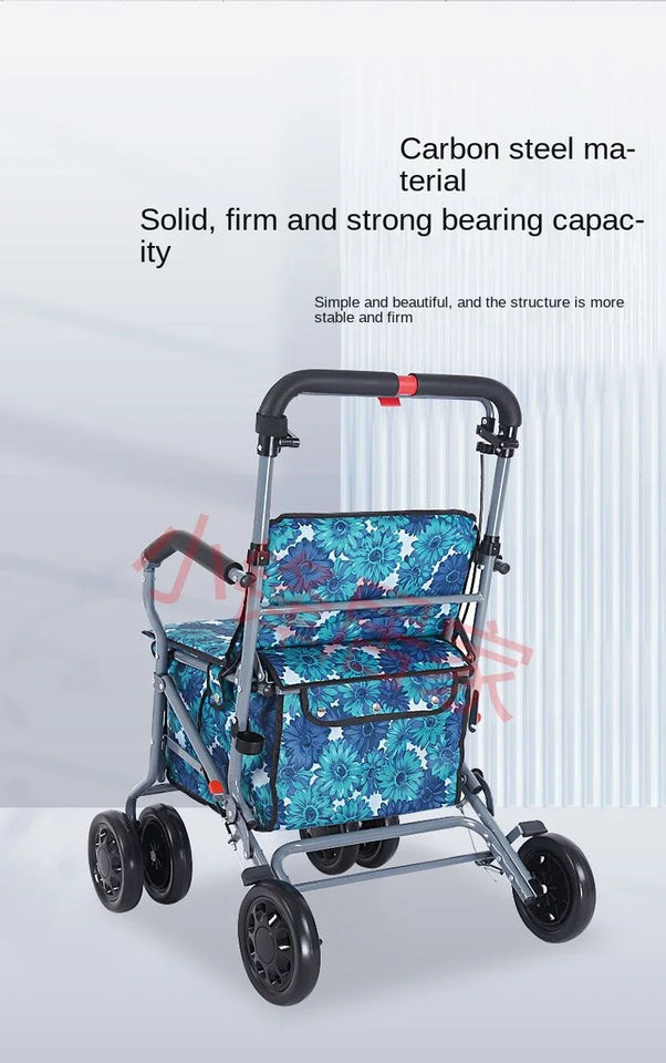 Foldable Four-Wheeled Elderly Shopping Cart Walker – Lightweight Mobility Aid with Walking Stick Support