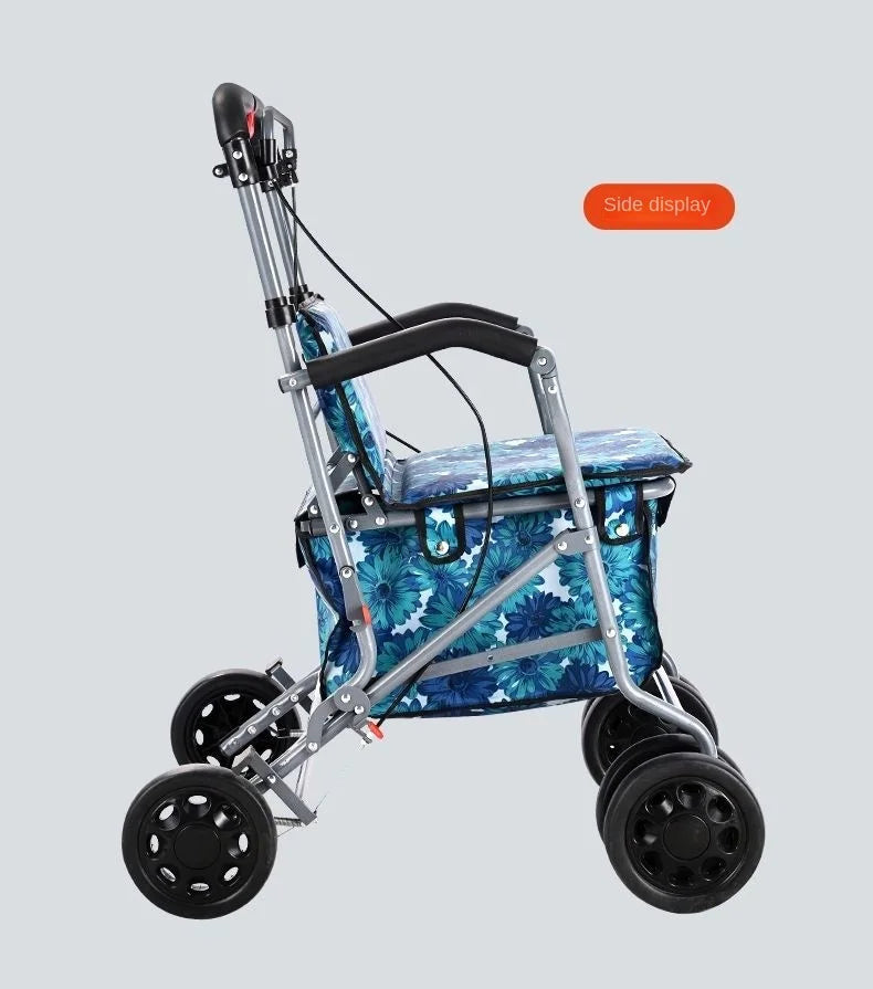 Foldable Four-Wheeled Elderly Shopping Cart Walker – Lightweight Mobility Aid with Walking Stick Support