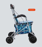 Foldable Four-Wheeled Elderly Shopping Cart Walker – Lightweight Mobility Aid with Walking Stick Support