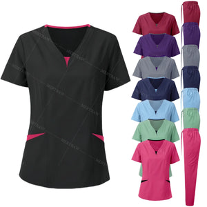 Plus-Size Women’s Trendy V-Neck Scrub Set – Solid Color Nursing Workwear
