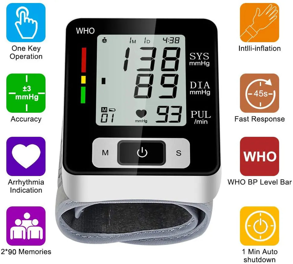 High-Accuracy Digital Wrist Blood Pressure Monitor – Electronic Sphygmomanometer with Automatic BP & Pulse Tracking