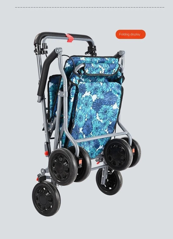 Foldable Four-Wheeled Elderly Shopping Cart Walker – Lightweight Mobility Aid with Walking Stick Support