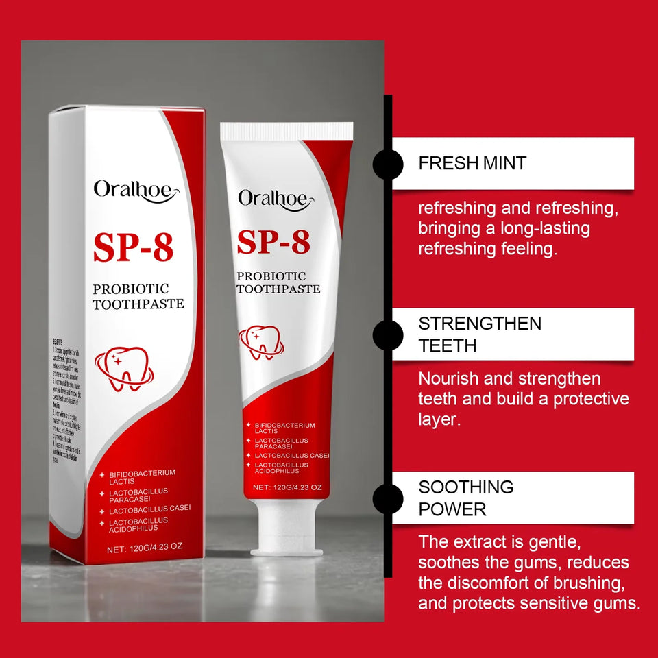SP-8 Probiotic Whitening Toothpaste – Mint Brightening Formula for Plaque Removal, Stain Cleaning & Fresh Breath