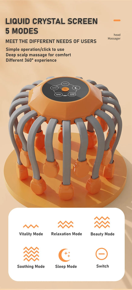 20Massage Heads Orange Scalp Head Massager Red Light Vibrator Octopus Scratcher For Relaxation Stress Migraine