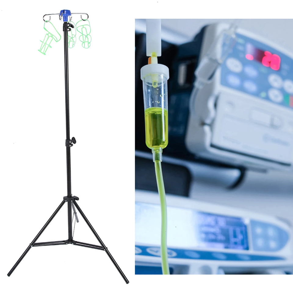 Portable Adjustable IV Pole Stand – Foldable Aluminum Alloy Drip Bag Holder with 4 Hooks & 3 Legs