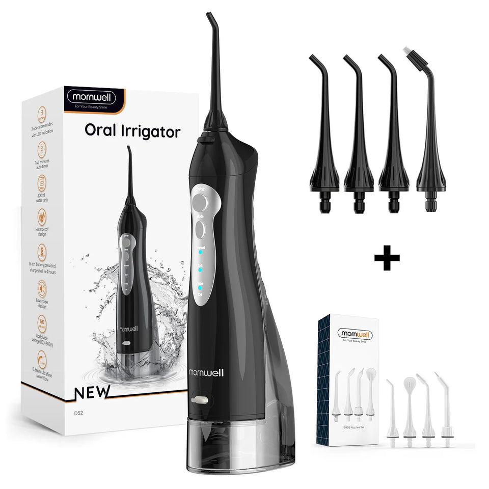 D52 Portable Oral Irrigator & Dental Water Flosser – 300ML, 4 Jet Tips, USB Rechargeable