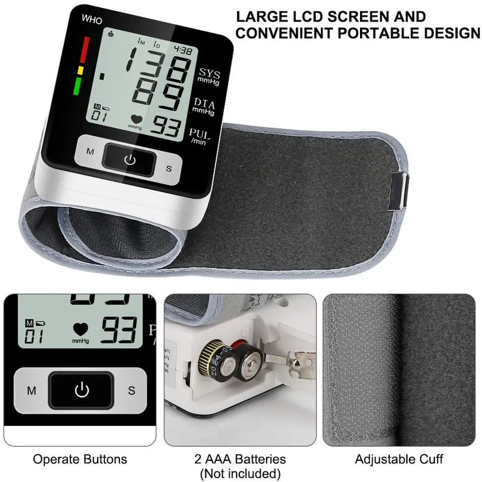High-Accuracy Digital Wrist Blood Pressure Monitor – Electronic Sphygmomanometer with Automatic BP & Pulse Tracking