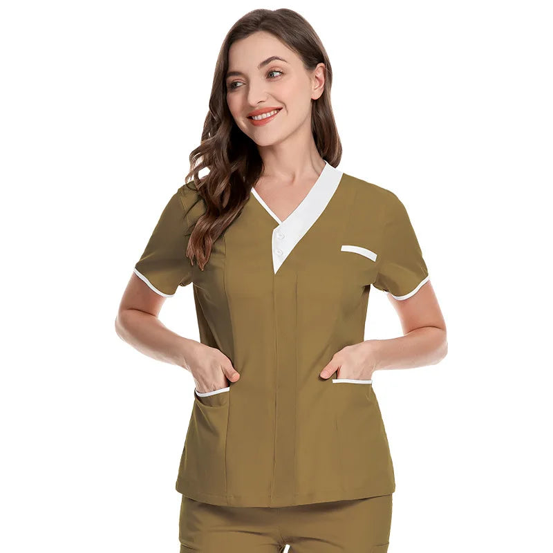 Cotton V-Neck Short Sleeve Surgical Gowns for Women – Clinic & Salon Uniforms