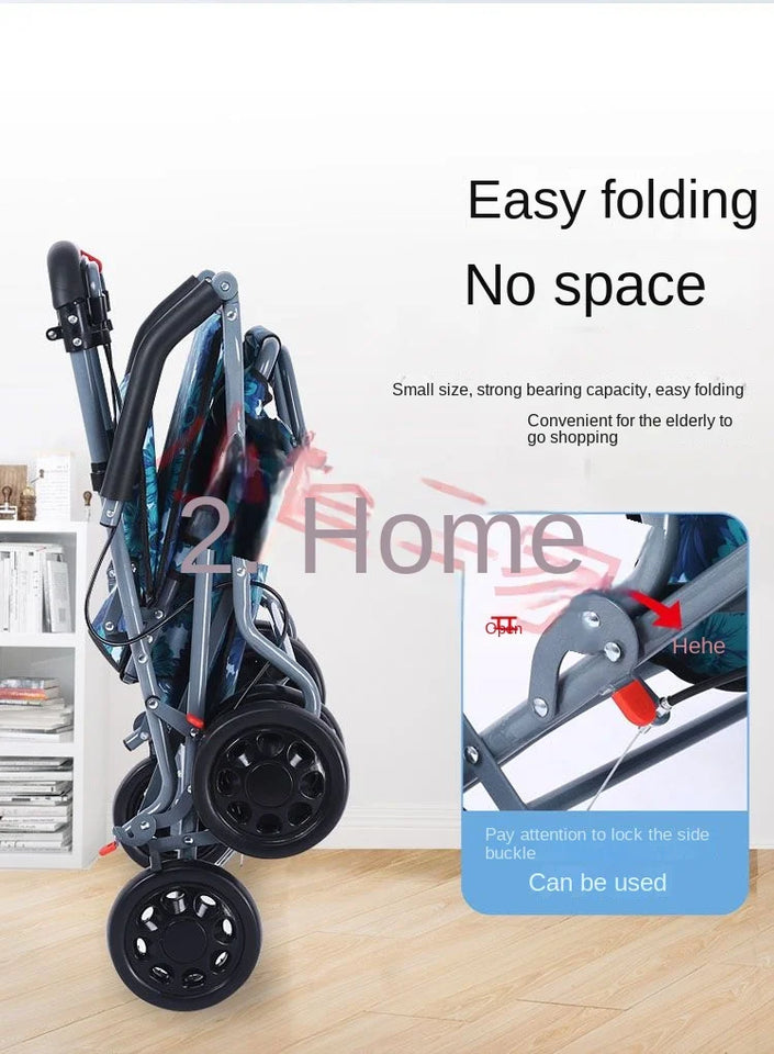 Foldable Four-Wheeled Elderly Shopping Cart Walker – Lightweight Mobility Aid with Walking Stick Support