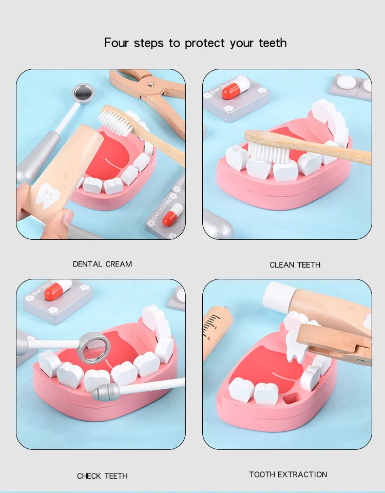 Wooden Pretend Play Doctor Educational Toys for Children Simulation Dentist Check Brush Teeth Medicine Set Role Playing Games