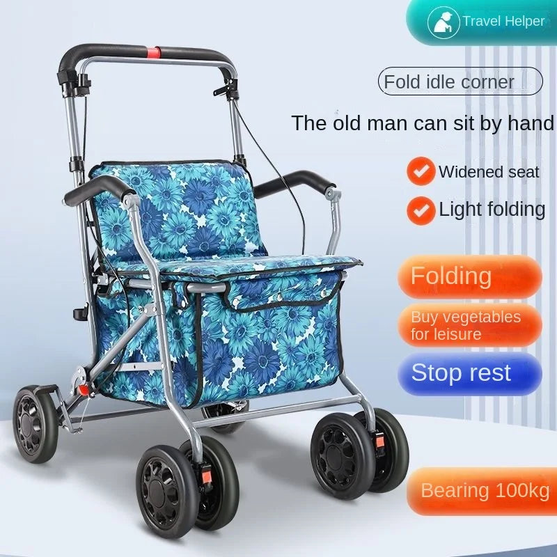Foldable Four-Wheeled Elderly Shopping Cart Walker – Lightweight Mobility Aid with Walking Stick Support