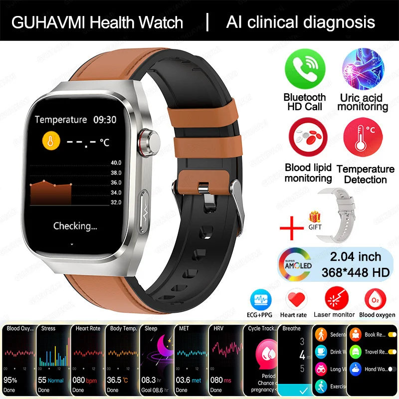 2025 Uric Acid & Blood Fat Smartwatch – ECG+PPG, Pulse, Blood Pressure, Bluetooth Call & Sports Fitness Health Tracker