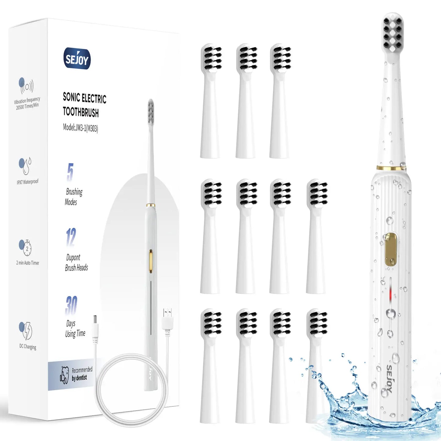 SEJOY Sonic Electric Toothbrush – Smart Rechargeable Toothbrush with 3 Modes, IPX7 Waterproof, for Deep Oral Cleaning