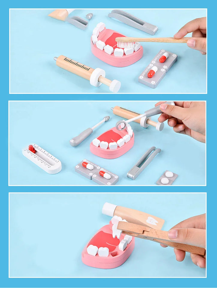 Wooden Pretend Play Doctor Educational Toys for Children Simulation Dentist Check Brush Teeth Medicine Set Role Playing Games