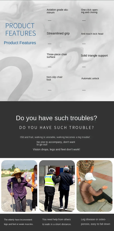 Foldable Walking Stick with Seat – Multi-Functional Non-Slip Crutch Chair for Elderly & Outdoor Use