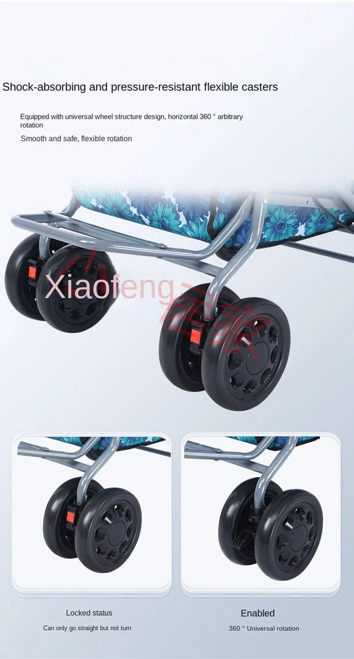 Foldable Four-Wheeled Elderly Shopping Cart Walker – Lightweight Mobility Aid with Walking Stick Support