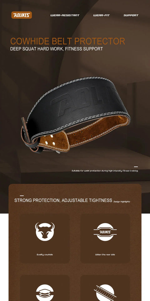 AOLIKES Cowhide Weightlifting Belt – Lumbar Support Gym Belt for Squats & Bodybuilding