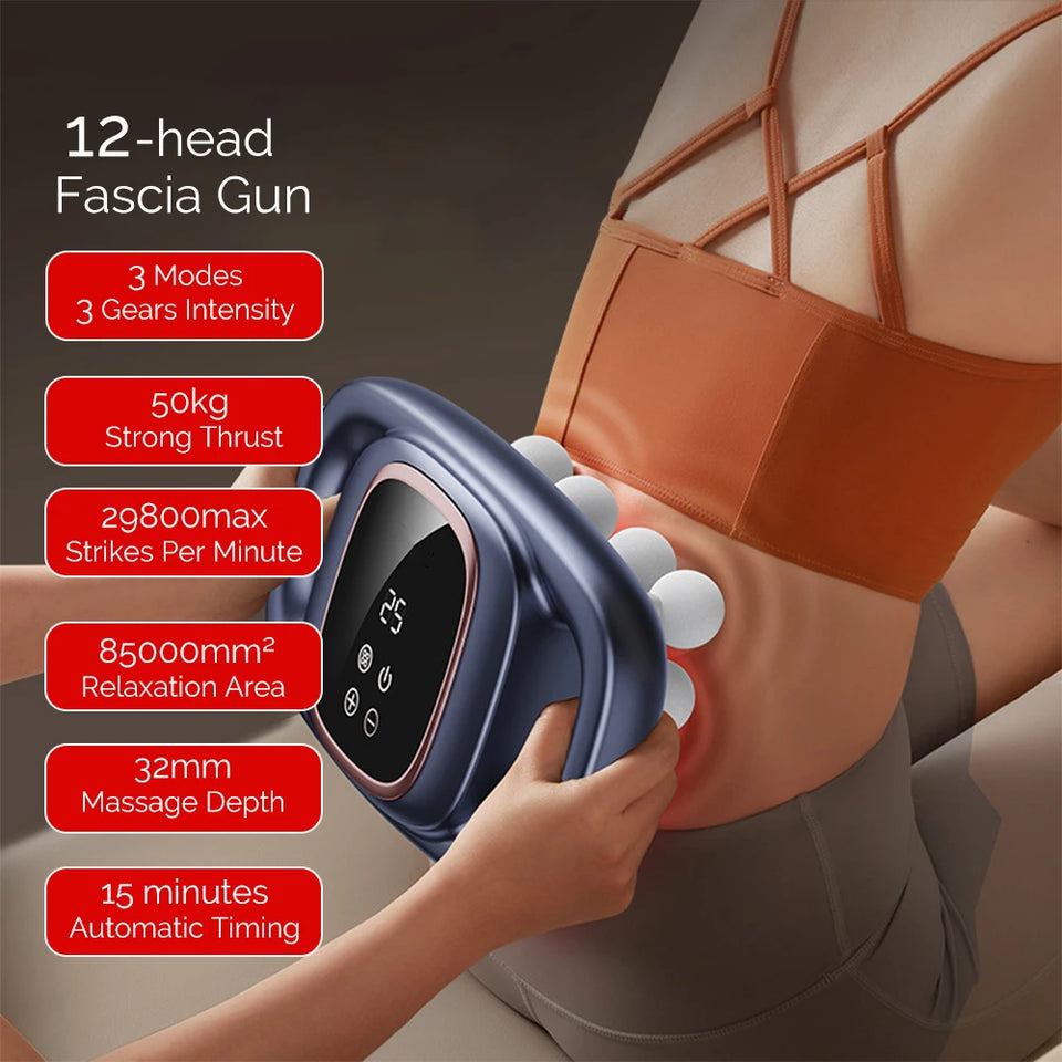 12-Head Fascia Massage Gun – High-Frequency Deep Tissue Muscle Massager