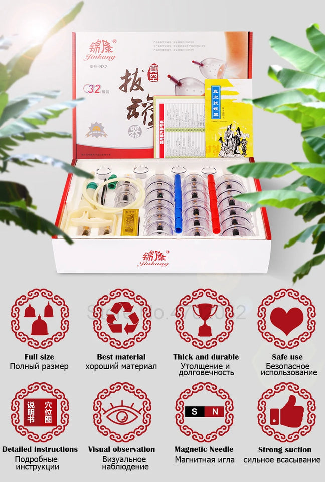 32pcs Massage Vacuum Cupping Therapy Set Thicker Magnetic Aspirating Cupping Cans Acupuncture Massage Suction Cup With Tube Jars