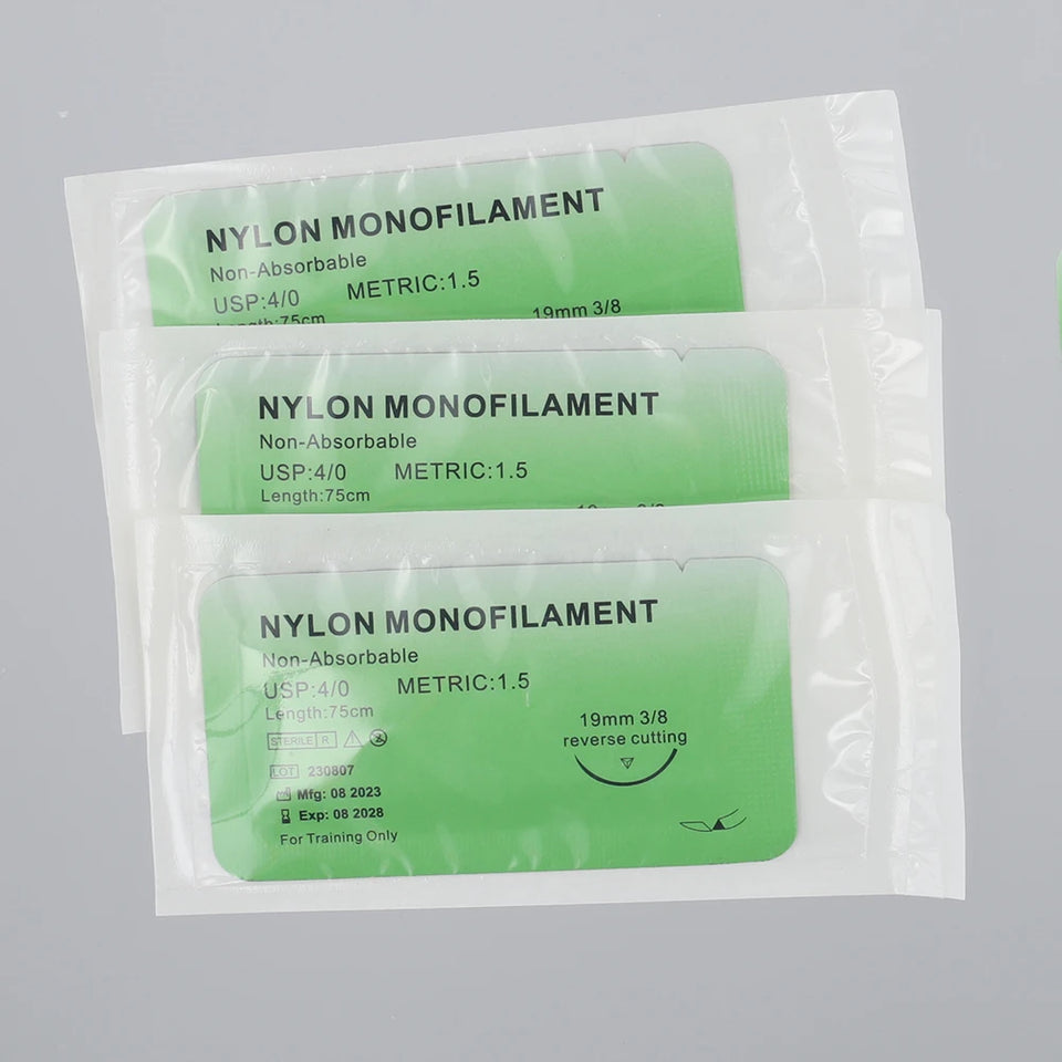 Medical Nylon Monofilament Suture Kits 4/0 – Individually Wrapped Veterinary & Practice Sutures for Training (1–100pcs)